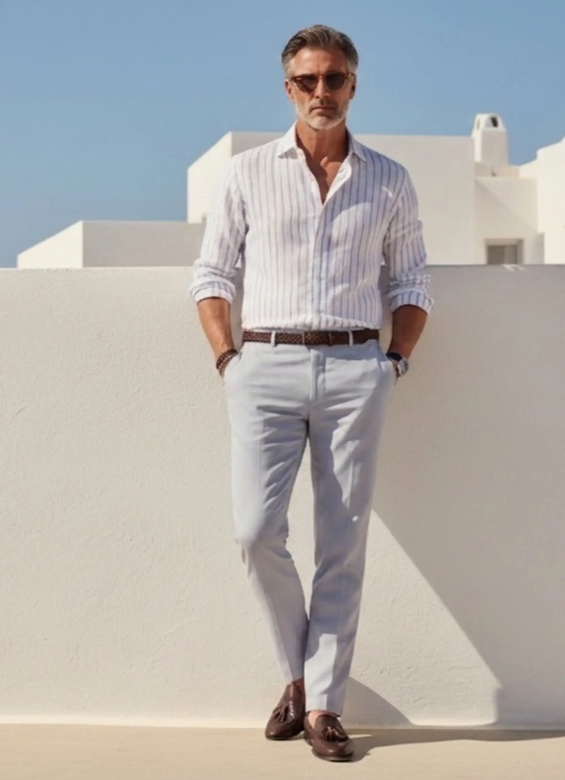 Men’s luxury summer outfit Farfa – striped linen shirt and light trousers, elegant casual style