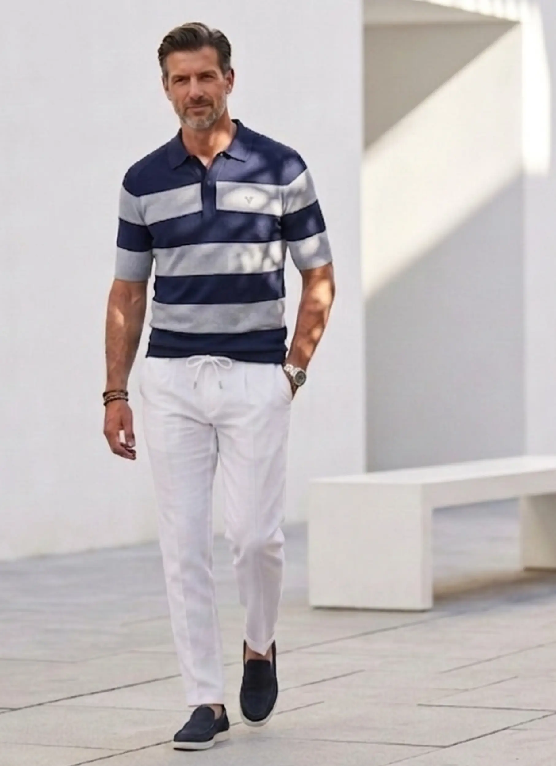 Italian menswear Farfa striped polo outfit with white trousers