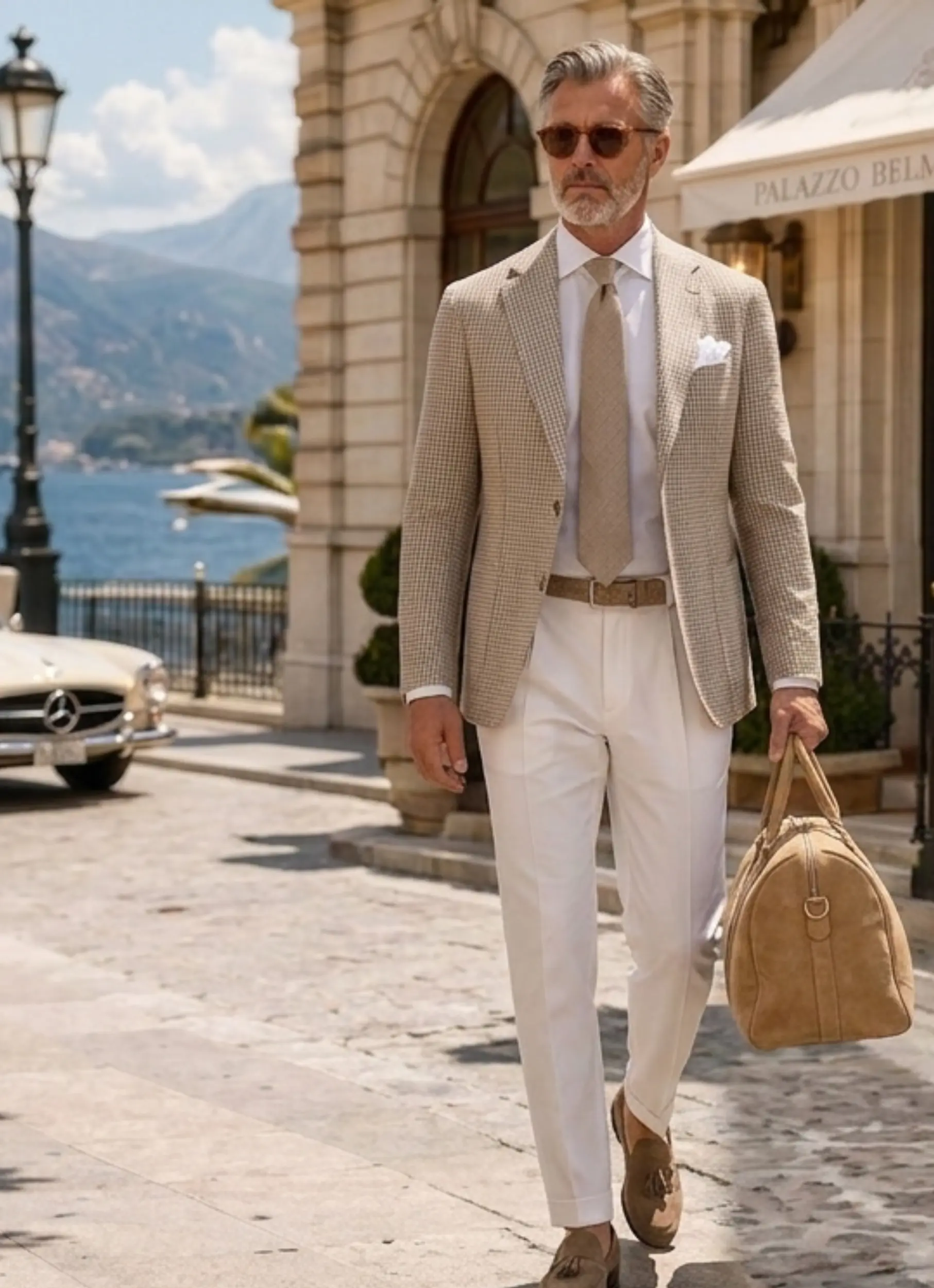 Men’s beige blazer outMen’s beige blazer outfit Farfa with white trousers and tiefit Farfa with white trousers and tie