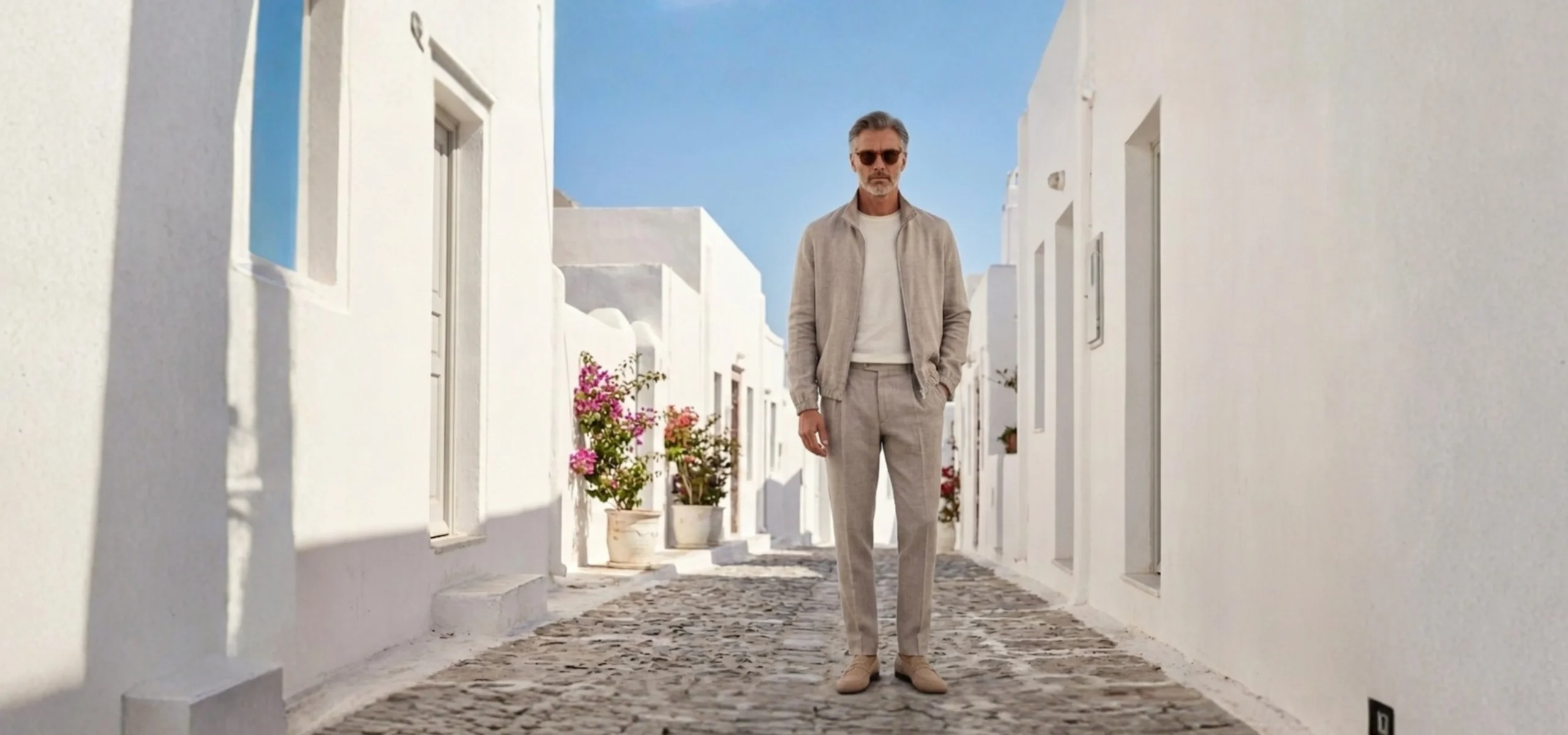 Italian luxury menswear Farfa summer outfit with beige jacket and tailored trousers