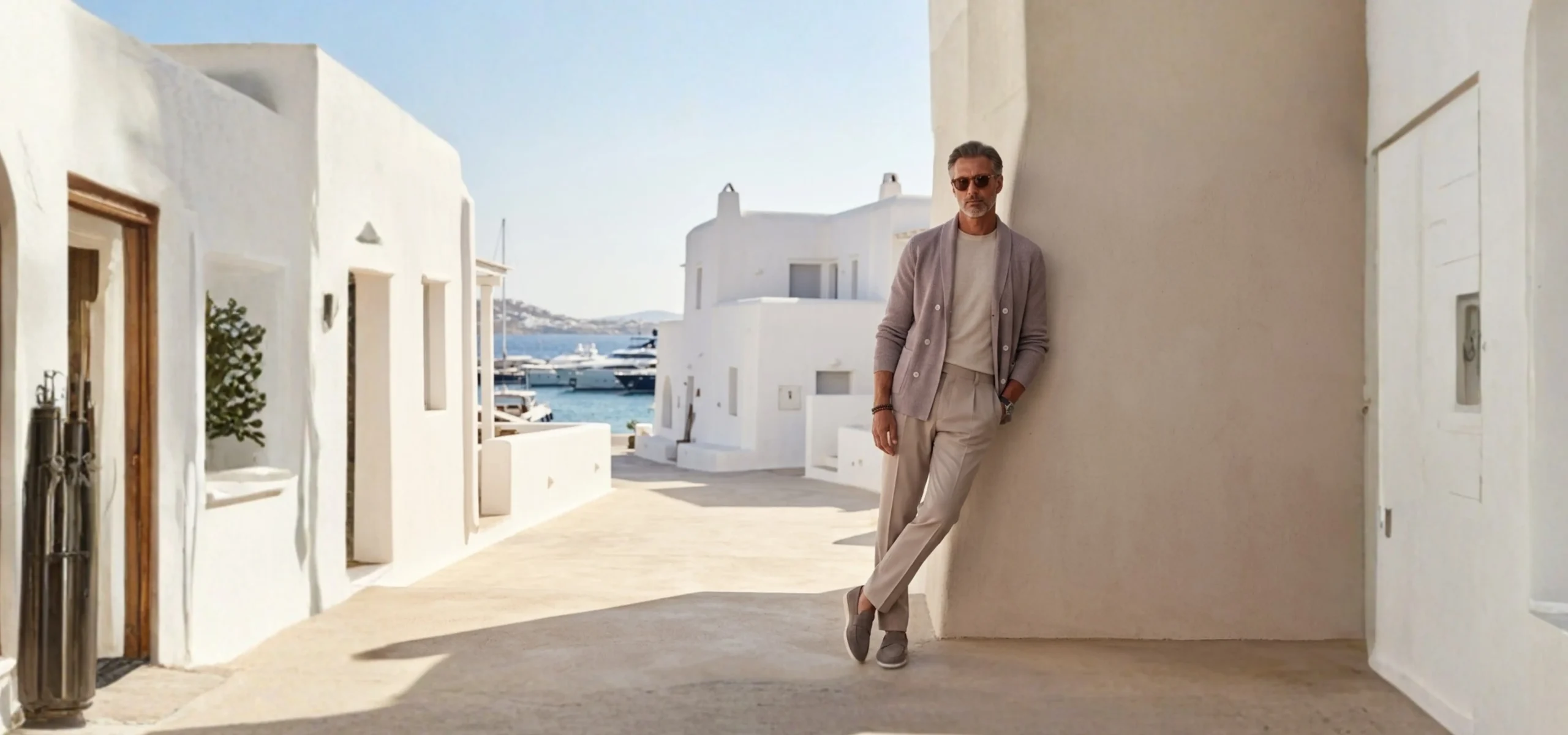 Men’s beige knit cardigan and classic wool trousers by Farfa