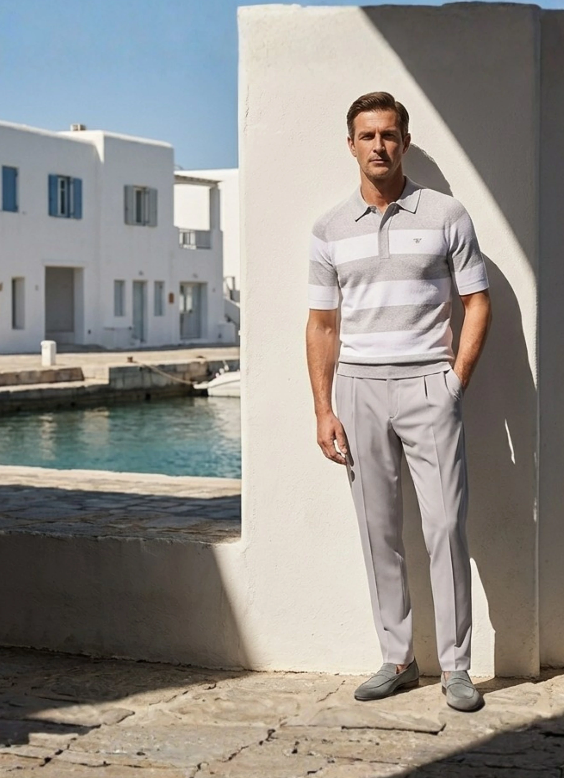 Men’s summer outfit Farfa with stripted polo and grey tailored trousers