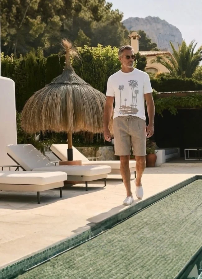 Men’s summer outfit Farfa with printed t-shirt and beige shorts by the pool