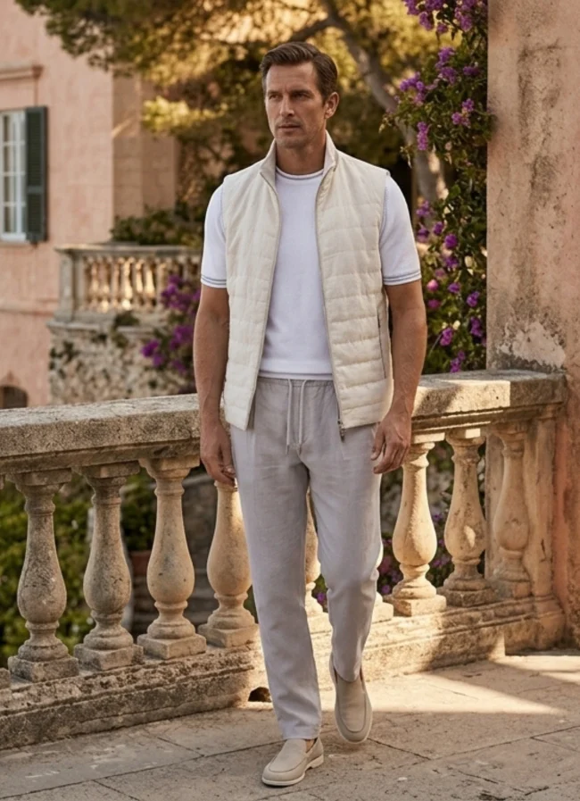 Italian luxury menswear Farfa wholesale outfit with light vest and casual trousers