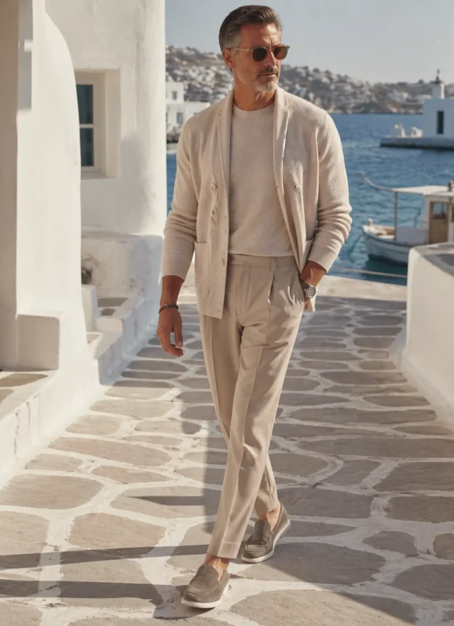 Men’s beige knit cardigan outfit Farfa with beige trousers