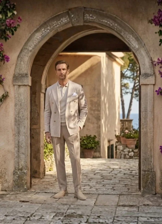 Man wearing beige tailored suit by Farfa standing in an Italian courtyard with floral archway